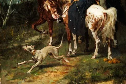 Weimaraner history, a grey hunting dog running beside riders in an oil painting by Jacobus Leisten, Düsseldorf, 1874