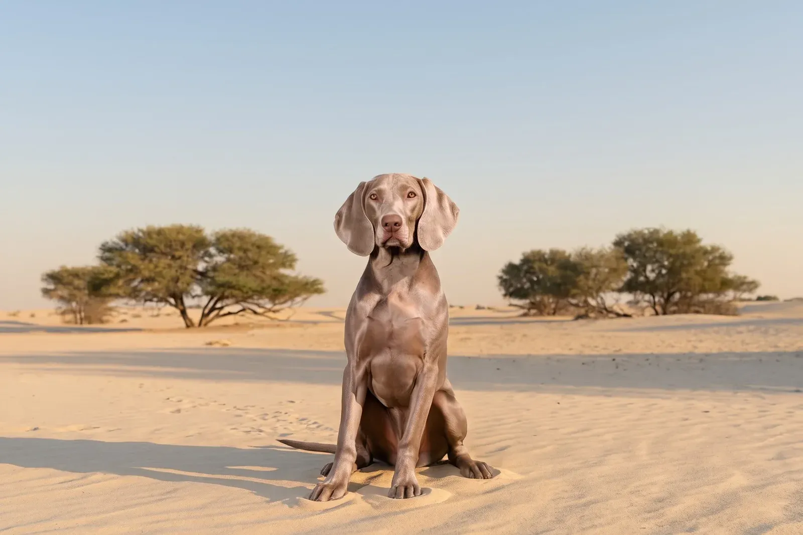 Weimaraner history, the breed today, a silver grey adult sitting on desert sand, Dubai, 2026