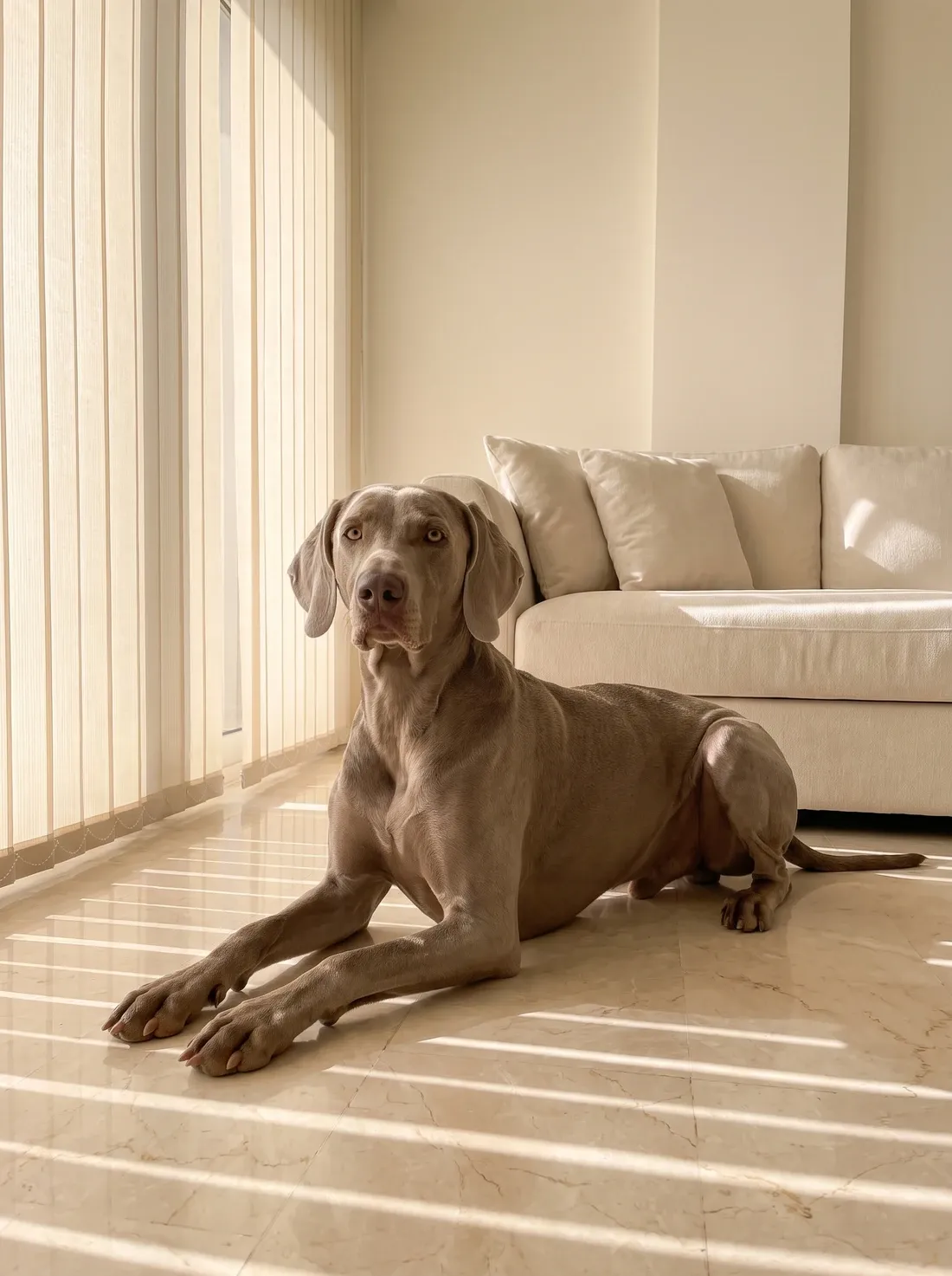 Weimaraner, the same adult resting on cool marble in a flat, the blinds half drawn