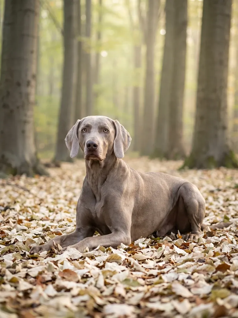 Weimaraner, a silver grey adult lying with head up on fallen leaves in a misty beech forest