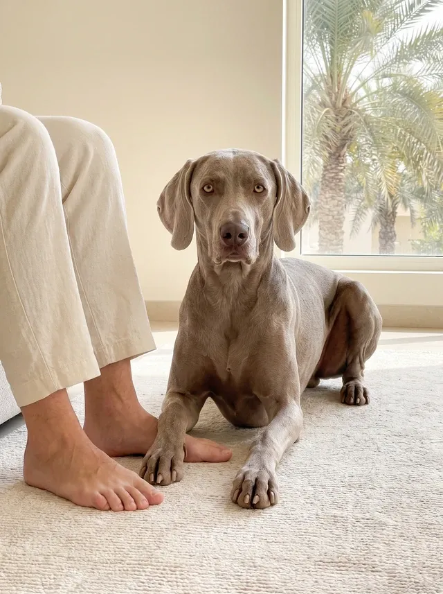 Weimaraner in Dubai, a silver grey adult lying at a pet parent's bare feet by the sofa, palms outside