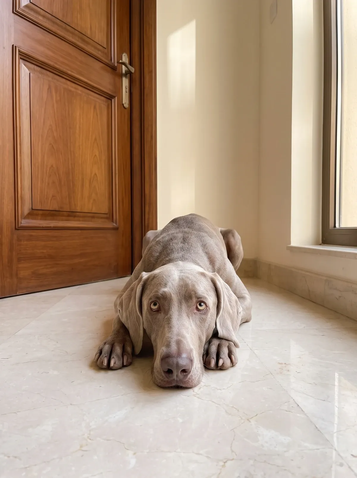 Weimaraner, a silver grey adult lying by the front door on a marble floor, chin on their paws, waiting