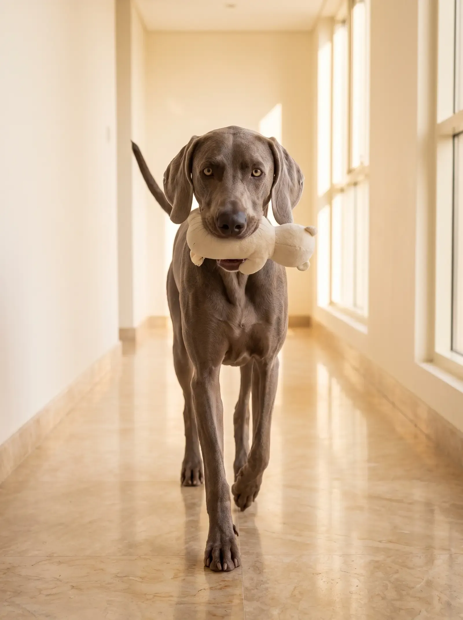 Weimaraner, a roe grey adult walking down a bright hallway with a soft toy in their mouth