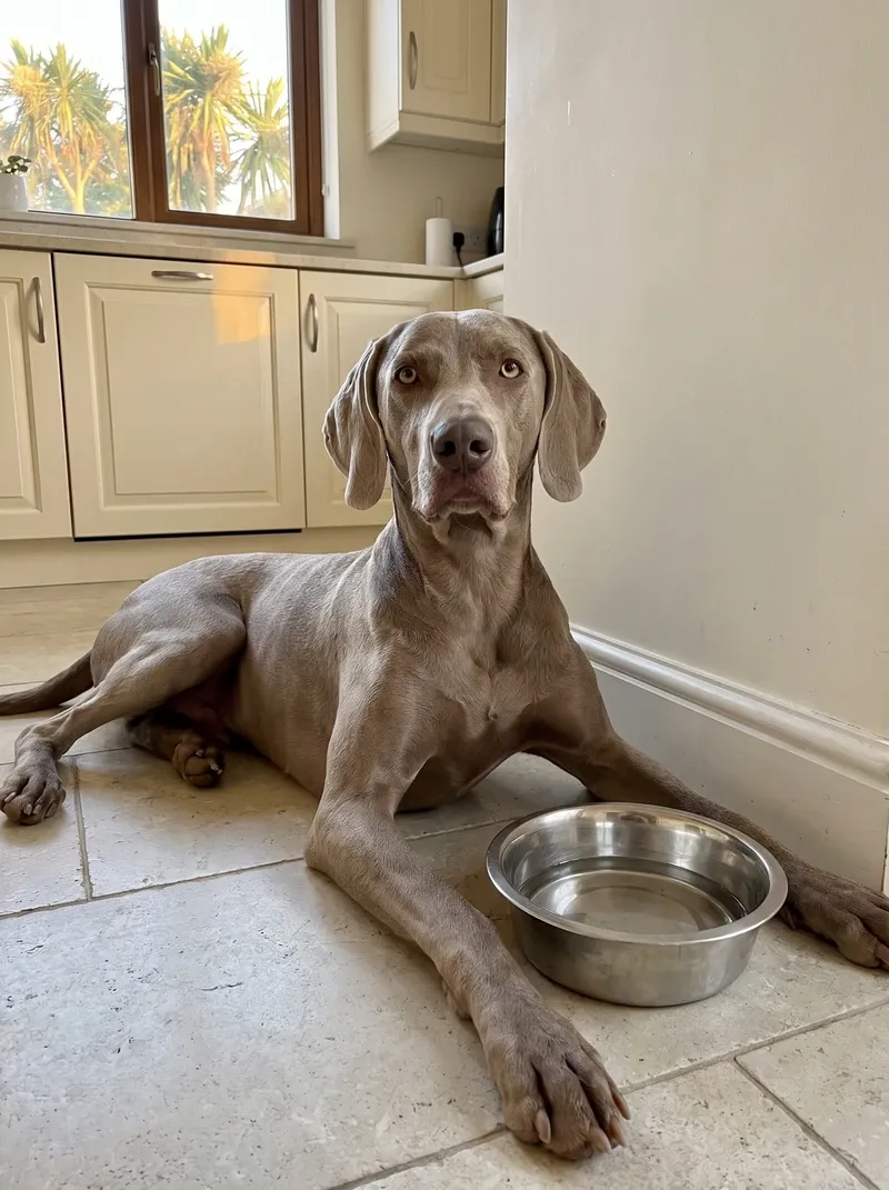Weimaraner in Dubai, a silver grey adult resting on kitchen tiles beside an empty bowl, palms outside