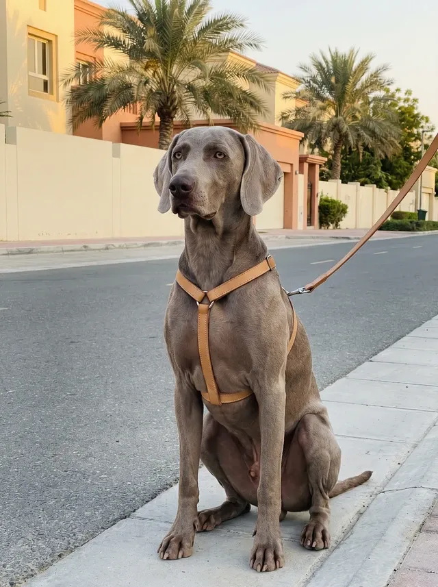 Weimaraner in Dubai, a roe grey adult in a harness sitting on a villa street at dawn, watching, palms behind