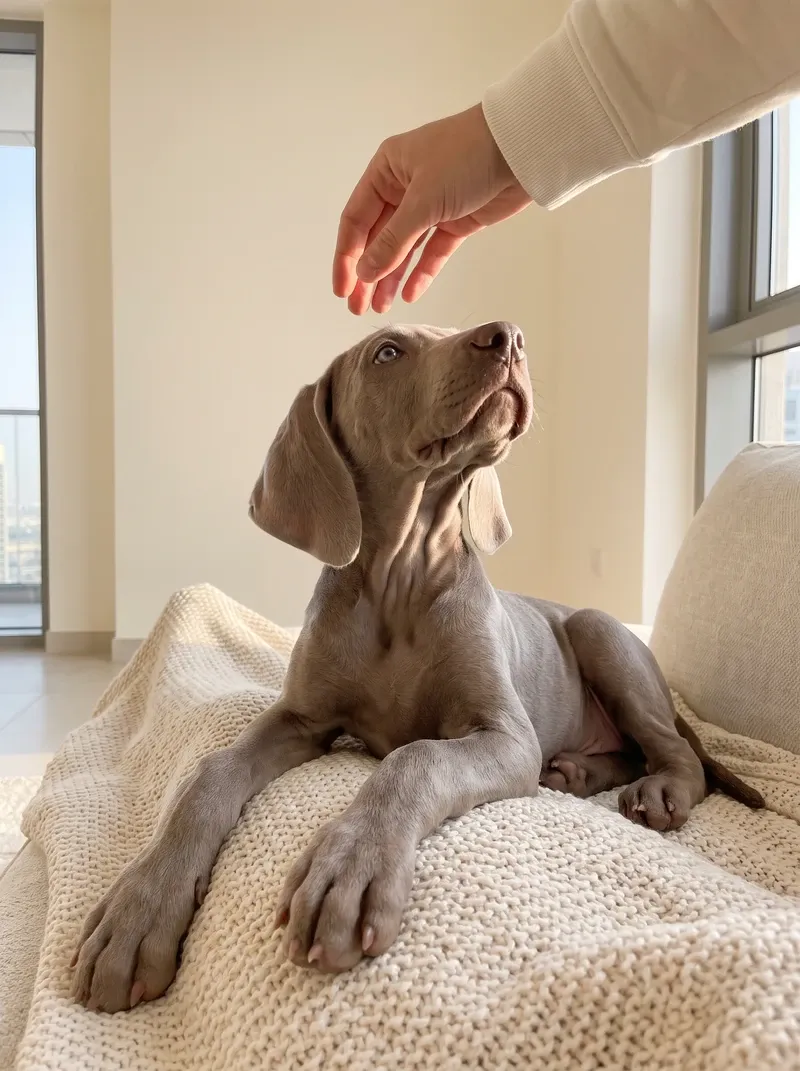 Weimaraner, a silver grey puppy on a cream blanket looking up at a pet parent's hand