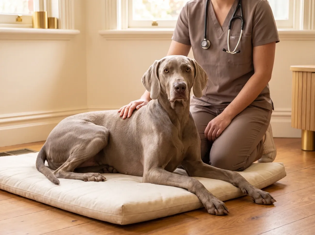 Weimaraner, a silver grey adult on a padded mat as a vet in taupe scrubs rests a hand on their back