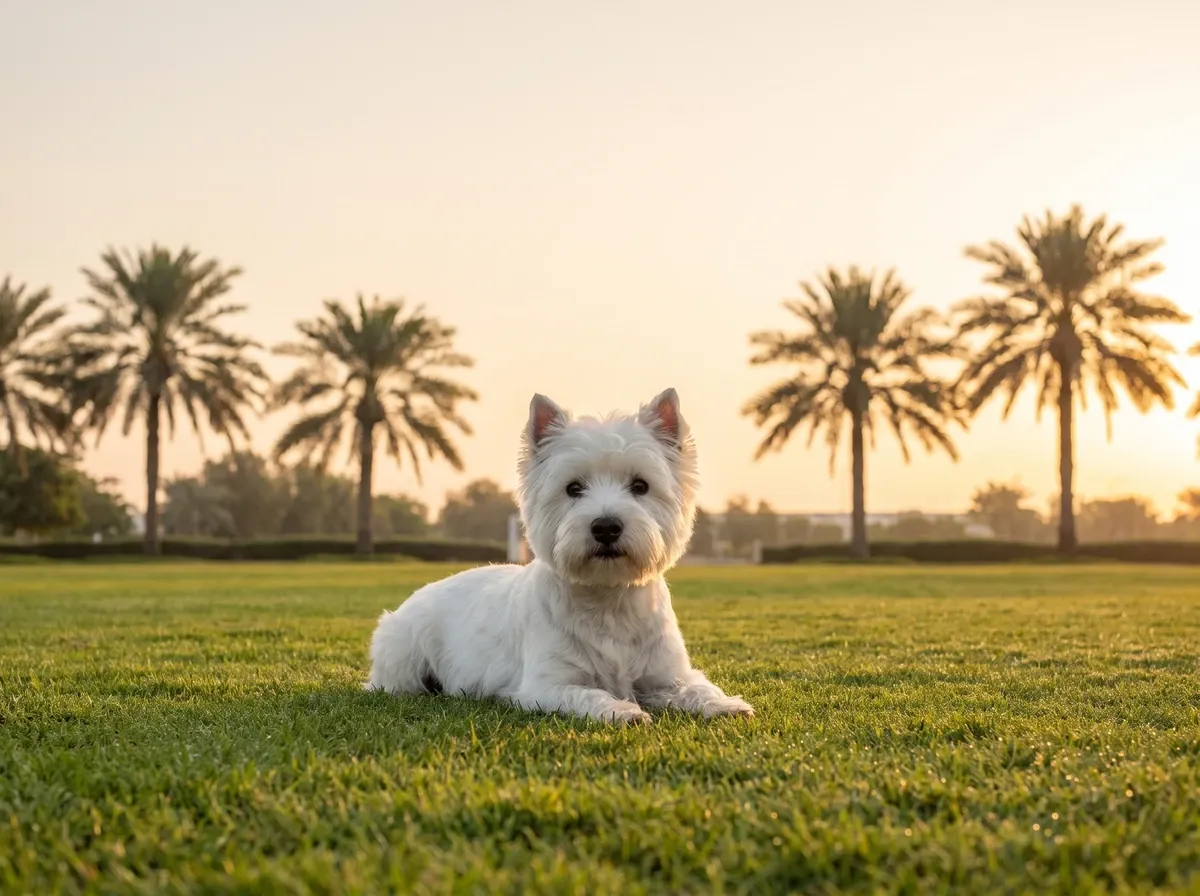 West Highland White Terrier in Dubai, lying with head up on a park lawn, date palms behind at sunrise
