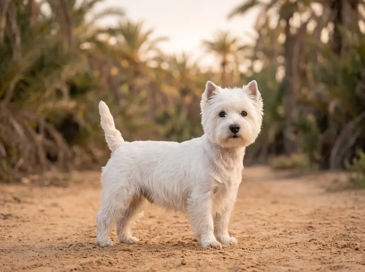 West Highland White Terrier in Dubai, standing on a sandy path among palms at dawn, tail up