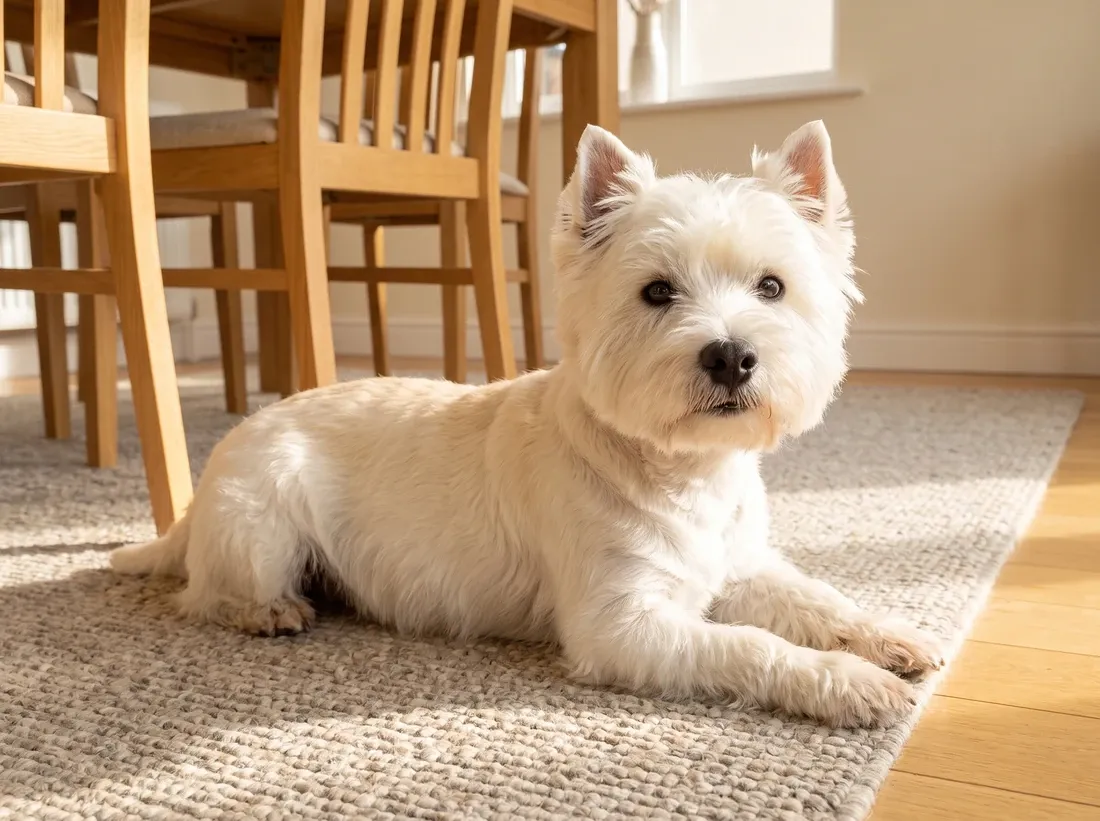 West Highland White Terrier, a dog with a faint wheaten tint lying on a rug in a dining room