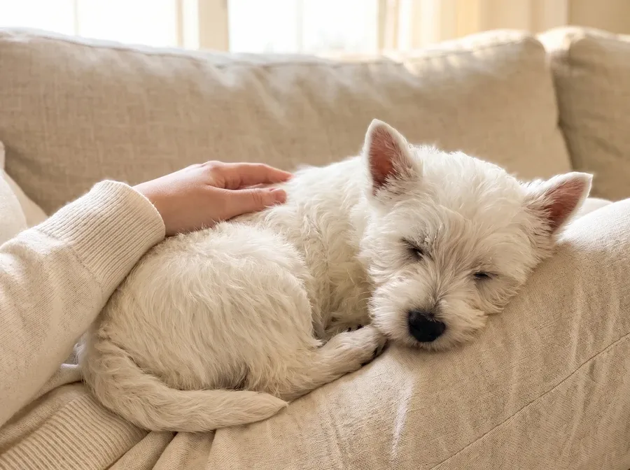 West Highland White Terrier, a puppy asleep on a linen sofa, a hand resting on the dog's back