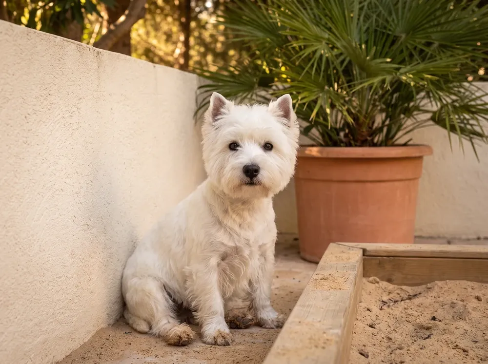West Highland White Terrier, sitting beside a sandpit in a shaded garden corner