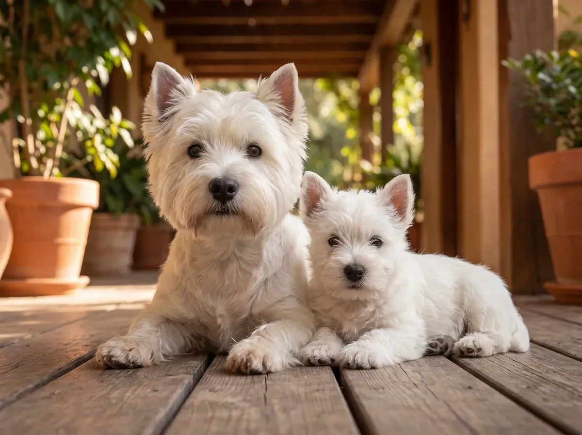 West Highland White Terrier, a mother lying on a timber terrace with a puppy
