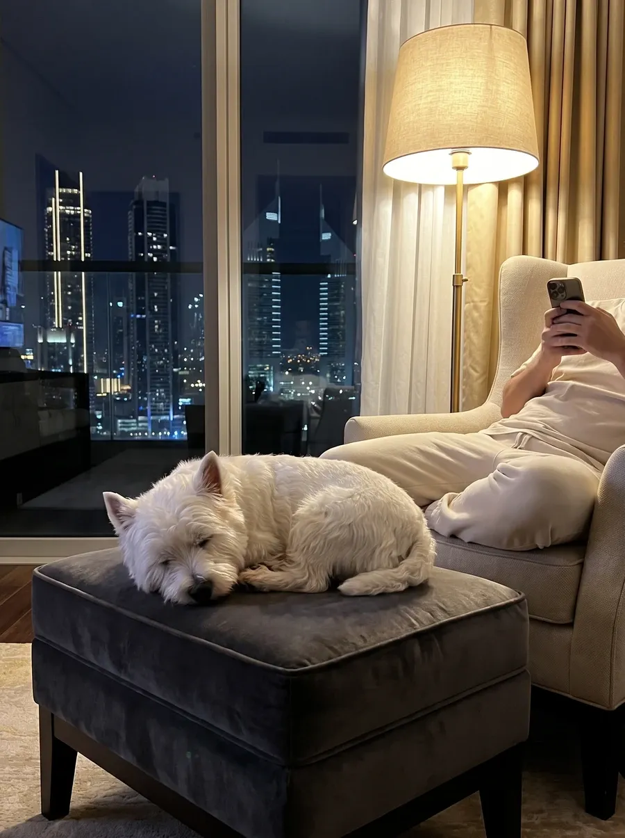 West Highland White Terrier in Dubai, asleep on a footstool beside a pet parent at night, towers beyond
