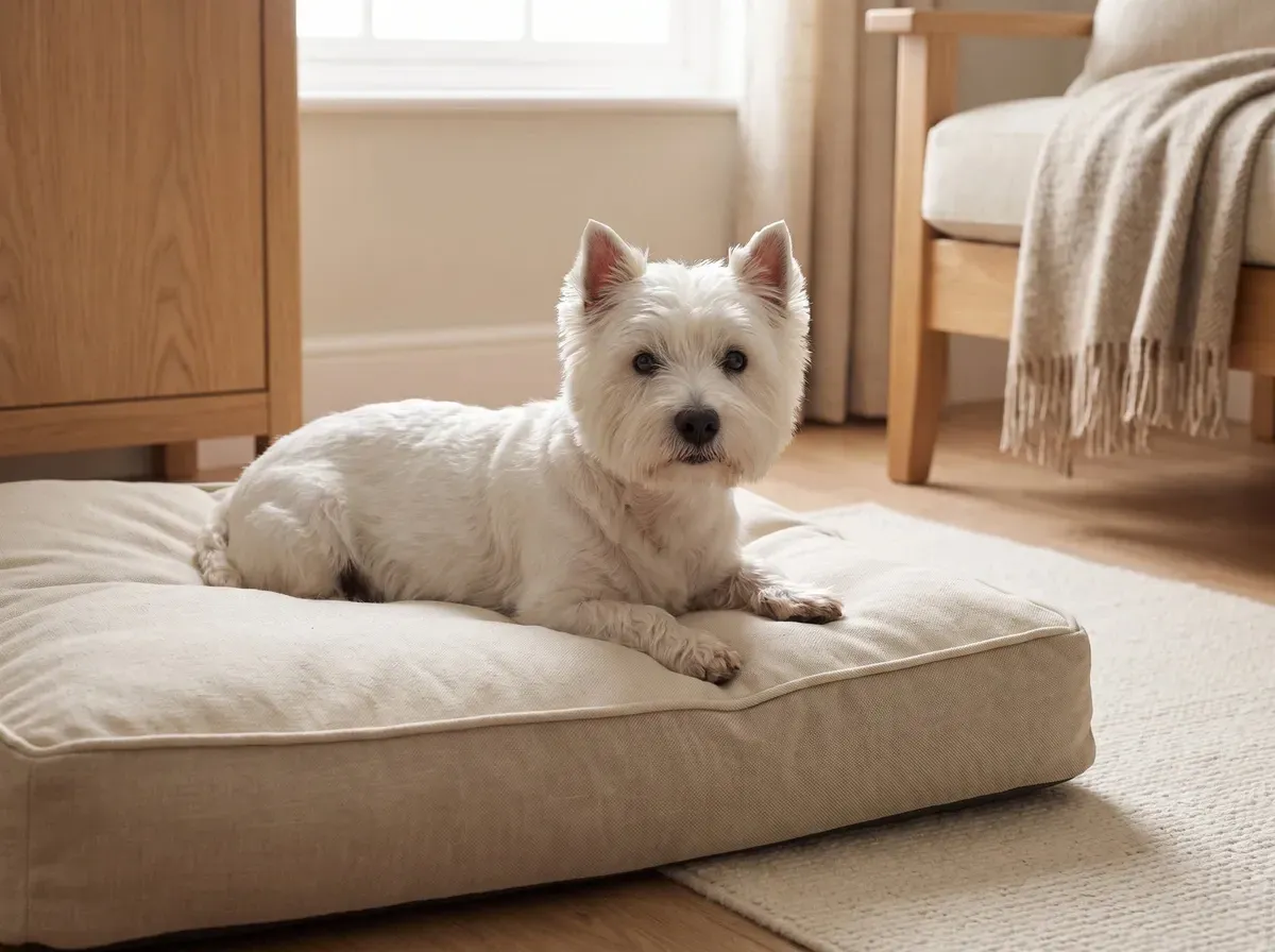 West Highland White Terrier, an older dog resting on a padded bed in a quiet room, eyes bright