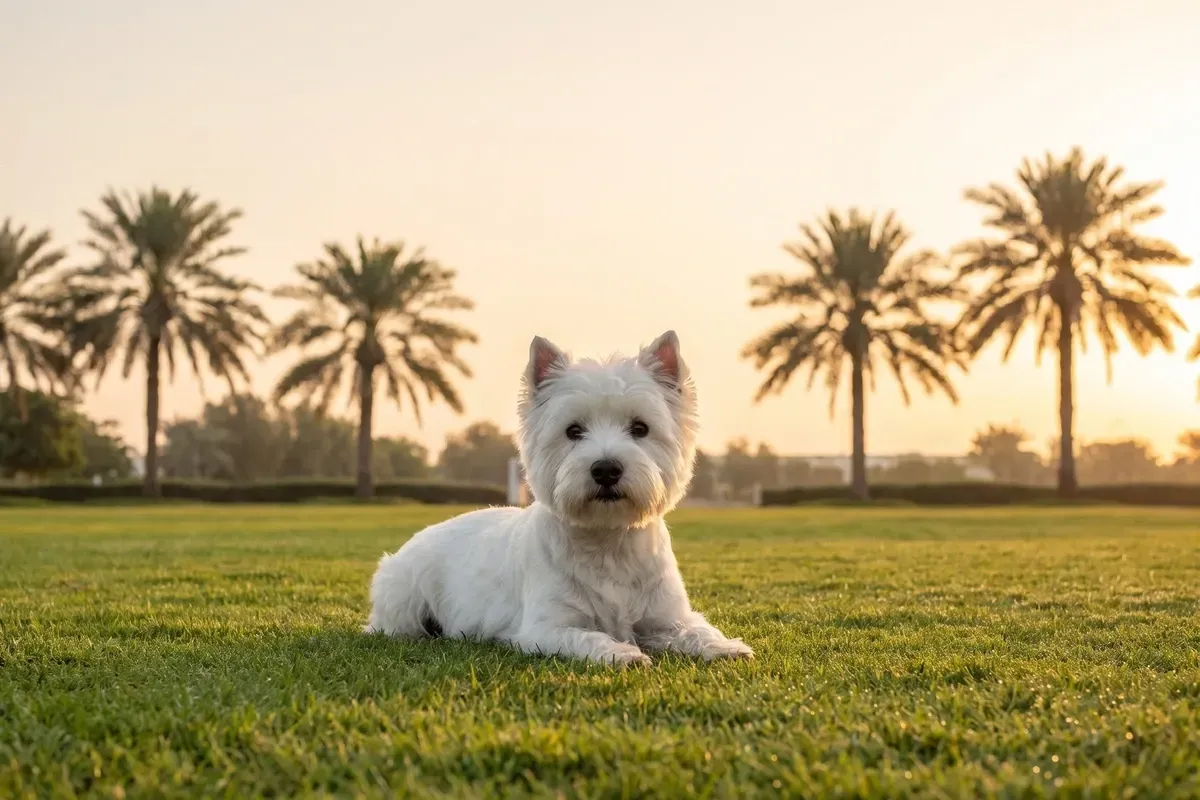 West Highland White Terrier history, the breed today, lying on a Dubai park lawn at sunrise, date palms behind