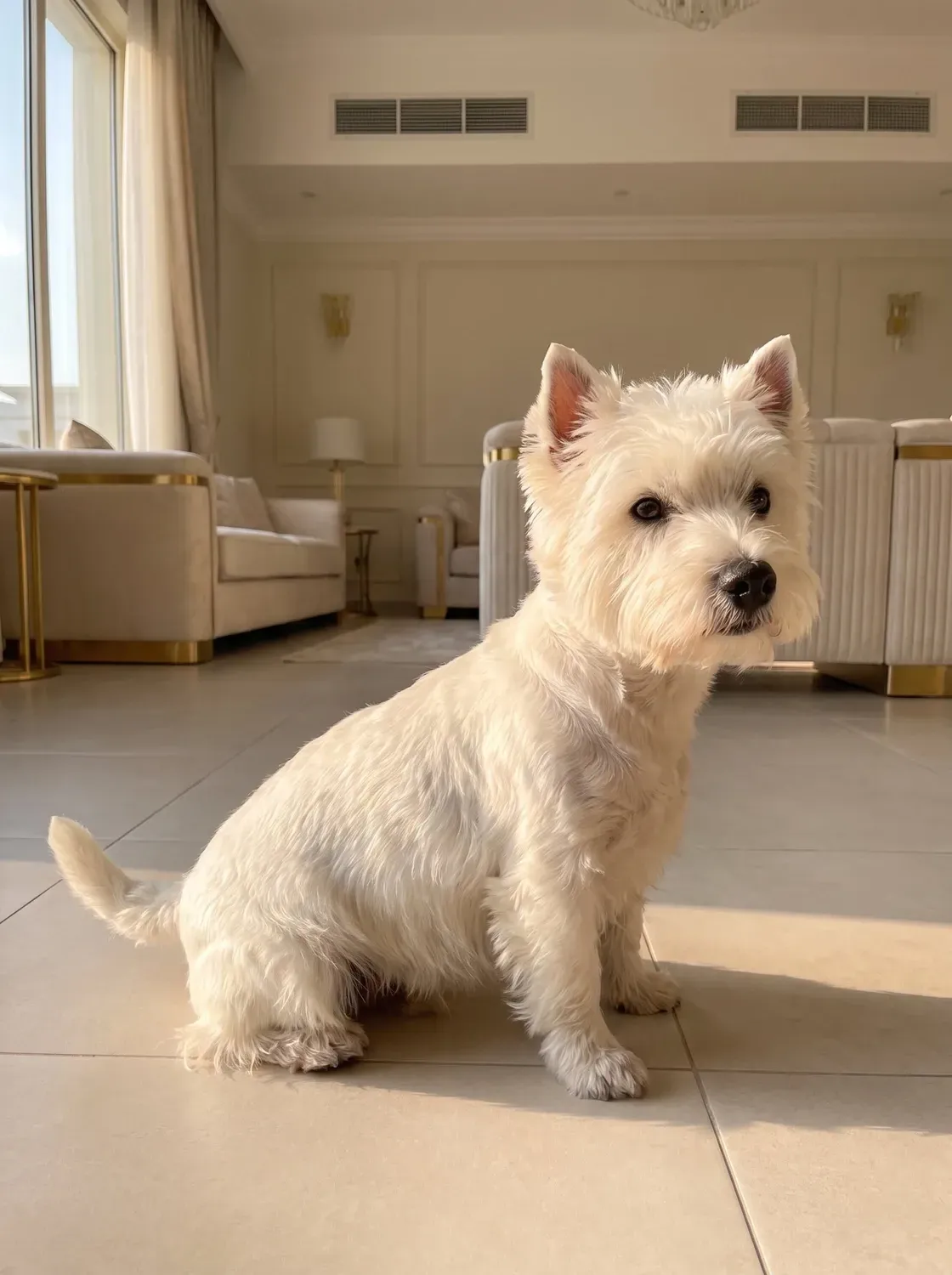 West Highland White Terrier, sitting side-on on cool pale tiles in a bright sitting room