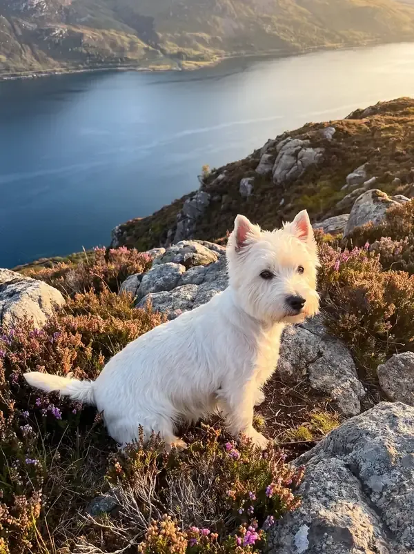 West Highland White Terrier, sitting among grey rocks and heather on a hillside above a loch