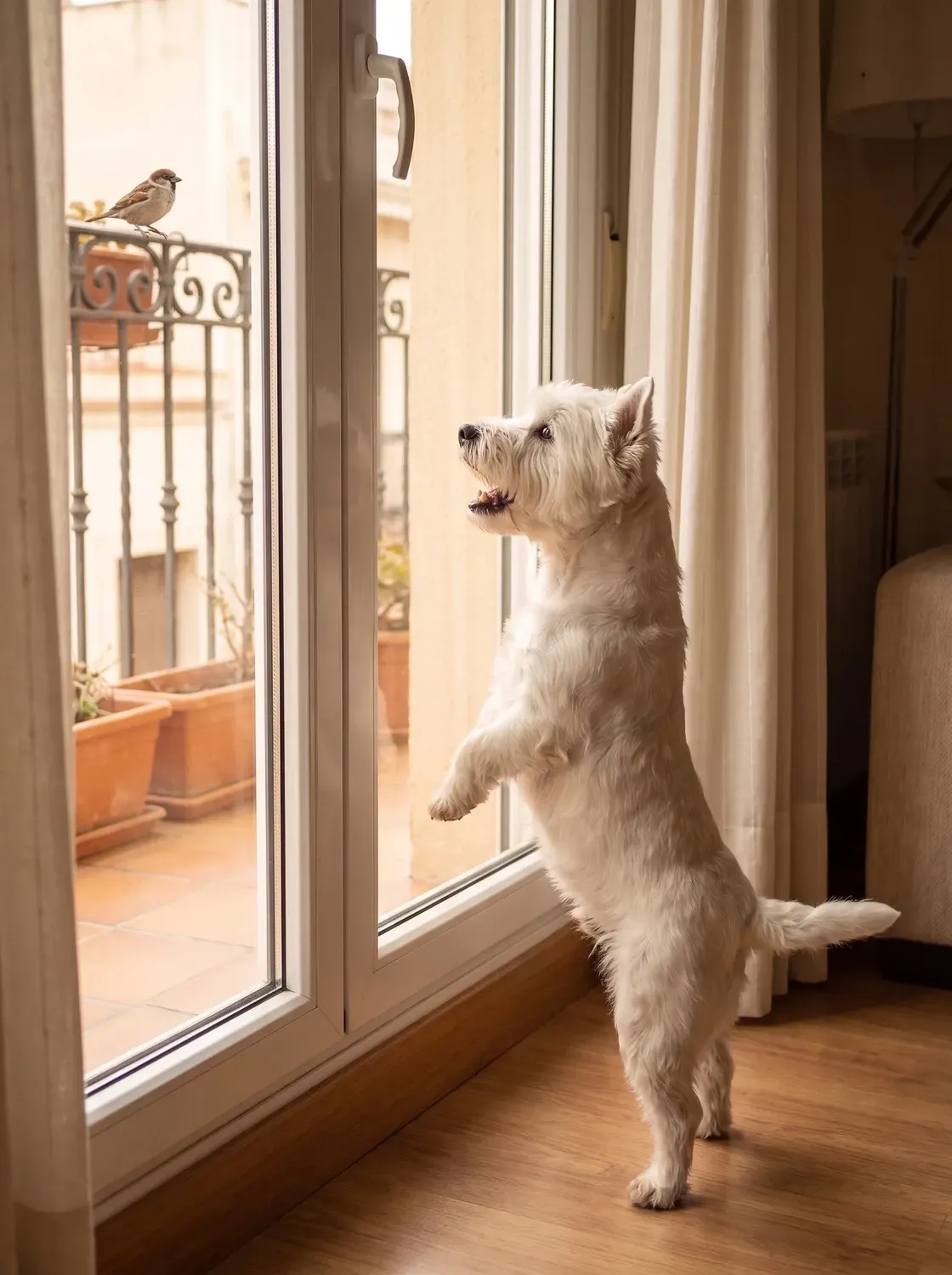 West Highland White Terrier, up on the hind legs at a tall window, watching a bird on the balcony rail