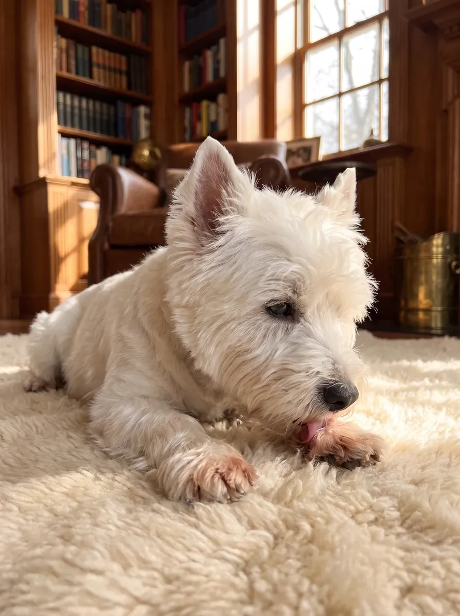 West Highland White Terrier, licking a front paw on a cream rug in a study