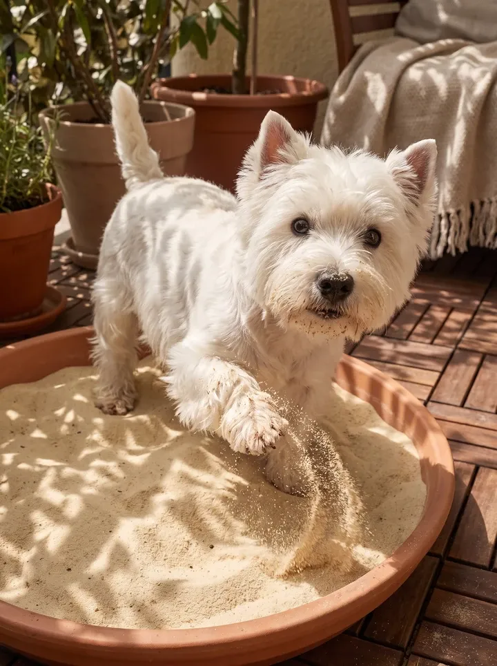 West Highland White Terrier, digging in a tub of pale sand on a shaded balcony