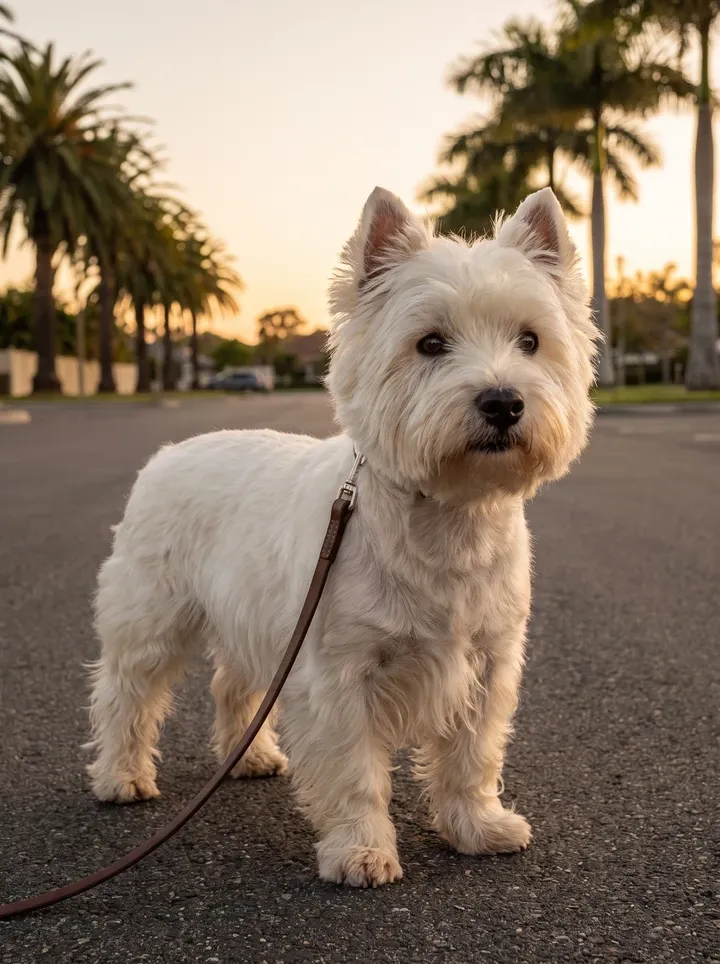 West Highland White Terrier in Dubai, on a lead on a palm-lined street at dusk