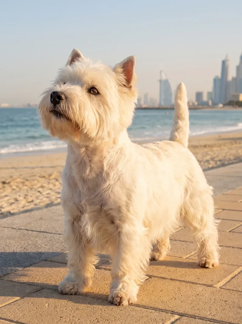 West Highland White Terrier in Dubai, standing square on a beach promenade, the skyline behind