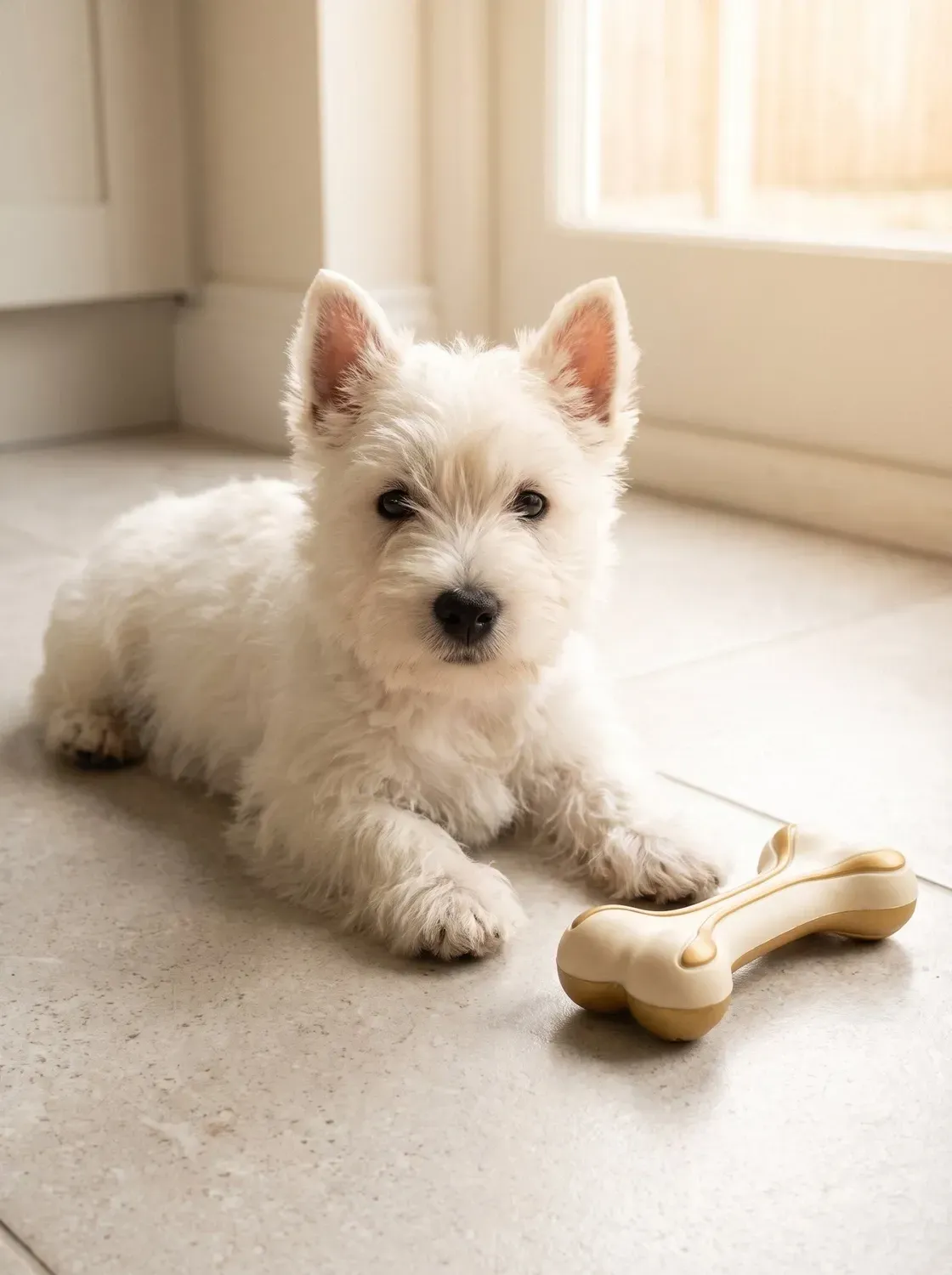 West Highland White Terrier, a puppy lying on a kitchen floor beside an untouched chew toy
