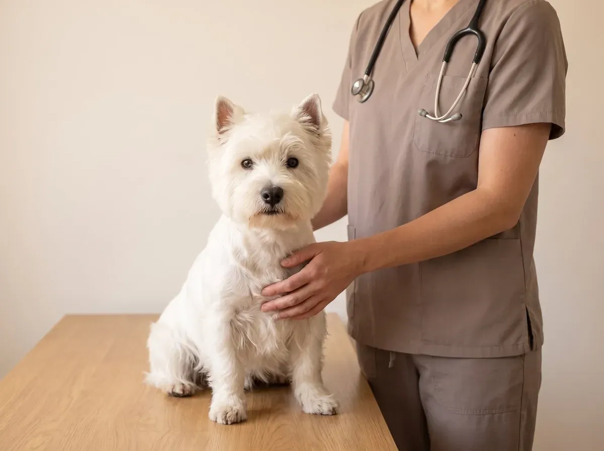 West Highland White Terrier, on a timber table, a vet in taupe scrubs with a hand on the dog's chest