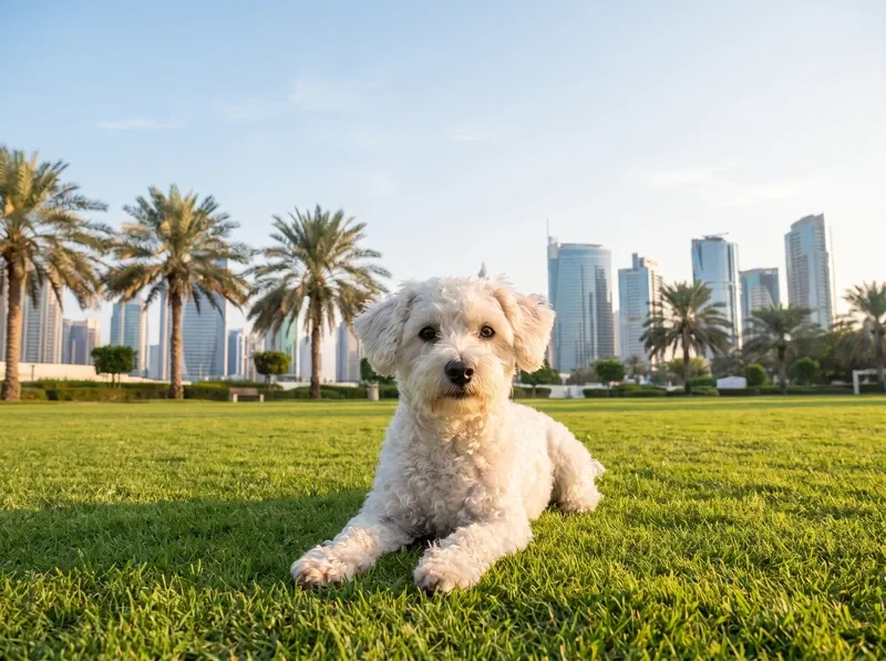 Westiepoo in Dubai, a white adult lying on a park lawn, palms and towers behind