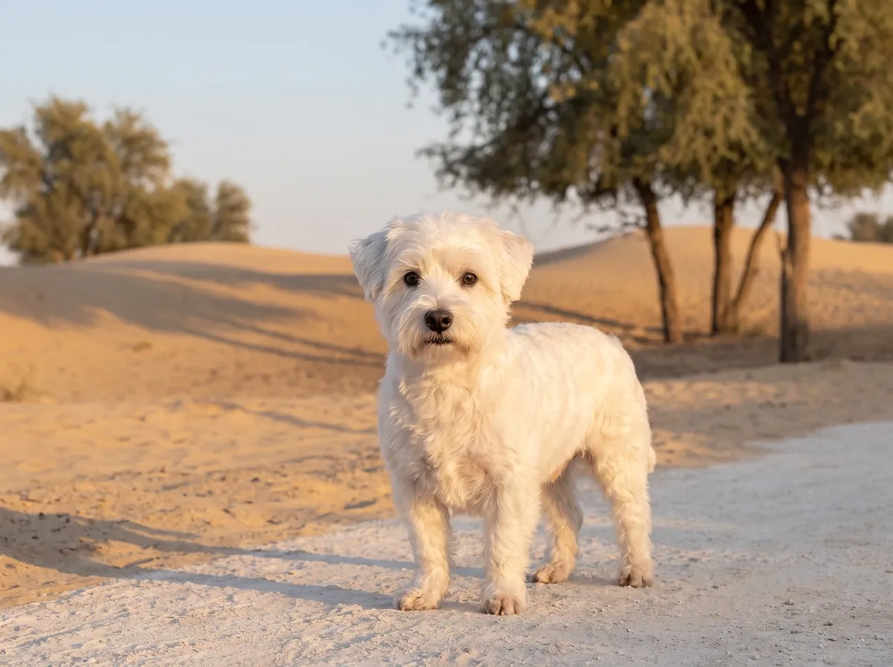 Westiepoo in Dubai, a white adult standing on a sandy path at the desert edge at golden hour