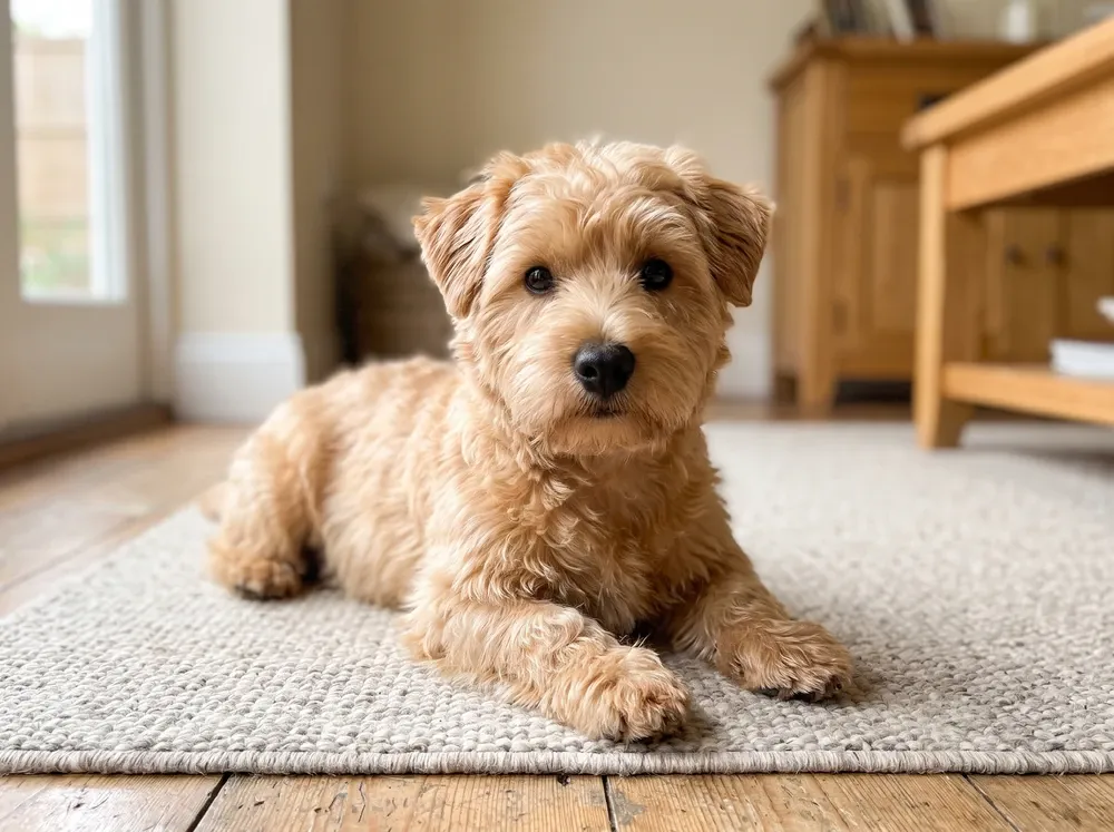Westiepoo, an apricot young dog lying on a stone-coloured rug