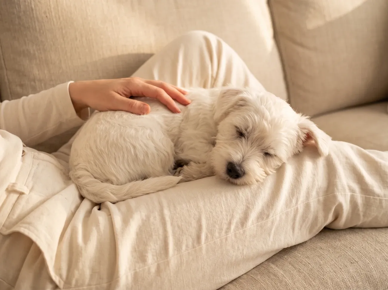 Westiepoo, a white puppy asleep in a pet parent's lap on a linen sofa
