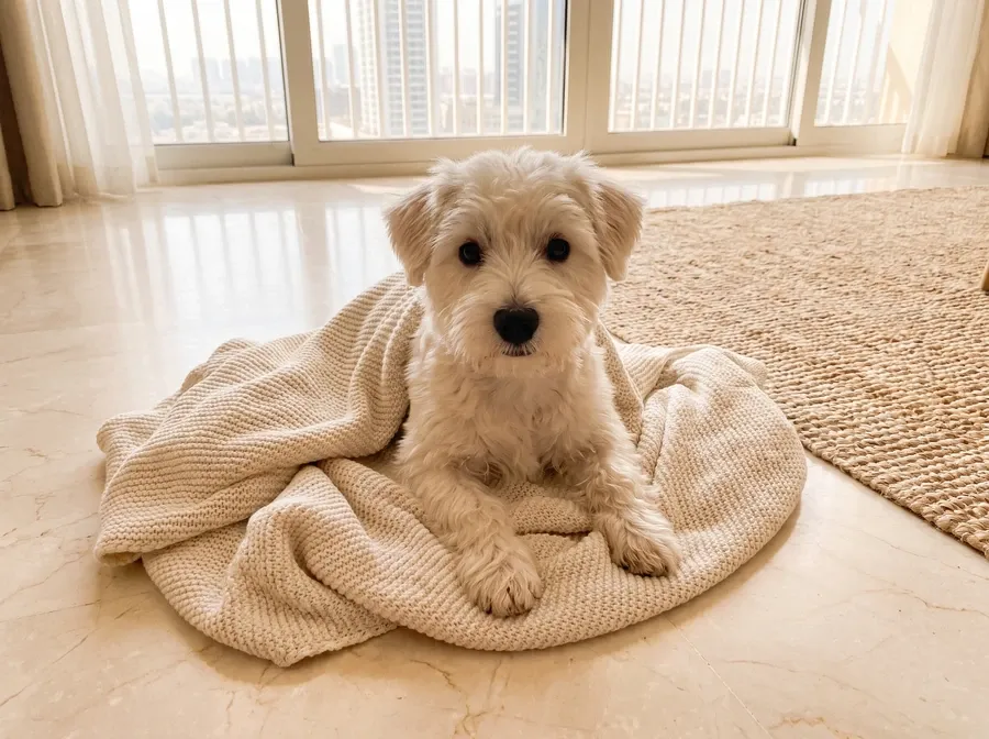 Westiepoo in Dubai, a cream puppy in a bunched-up blanket on a marble floor, towers through the window