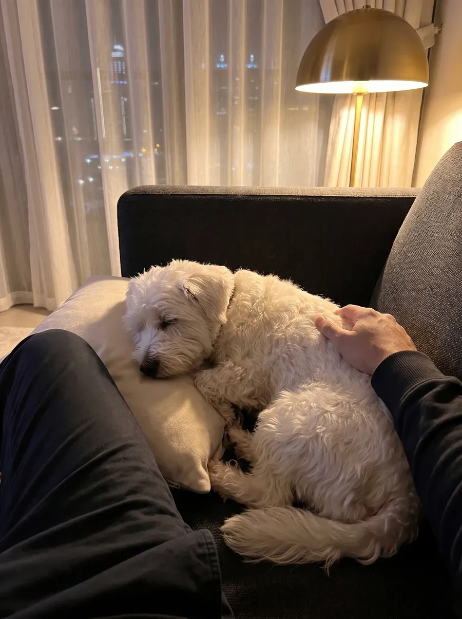 Westiepoo in Dubai, a white adult asleep on a cushion beside a pet parent's knee at night, the skyline through curtains