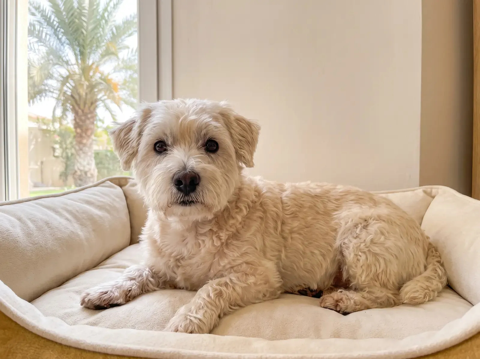 Westiepoo in Dubai, an older cream adult with a whitening muzzle on a cushioned bed, a date palm outside