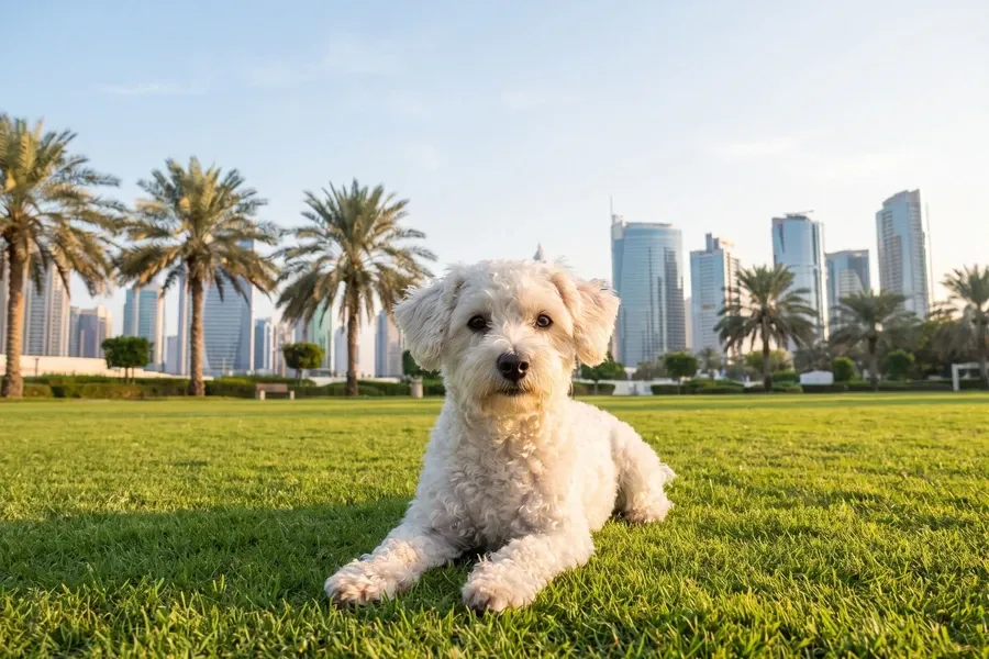 Westiepoo history, the cross today, a white adult lying on a park lawn, Dubai, 2026