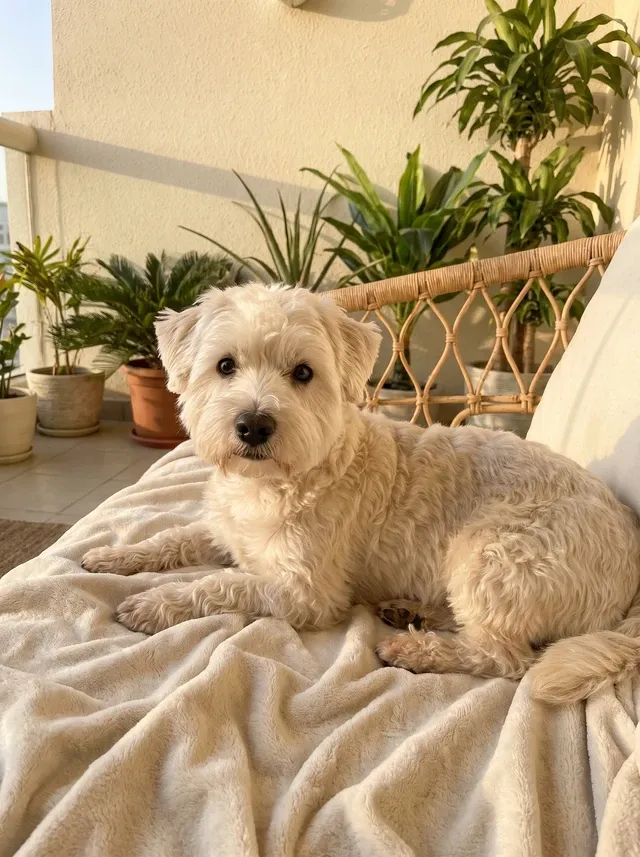 Westiepoo, the same cream adult lying on a rumpled blanket on a terrace among potted plants