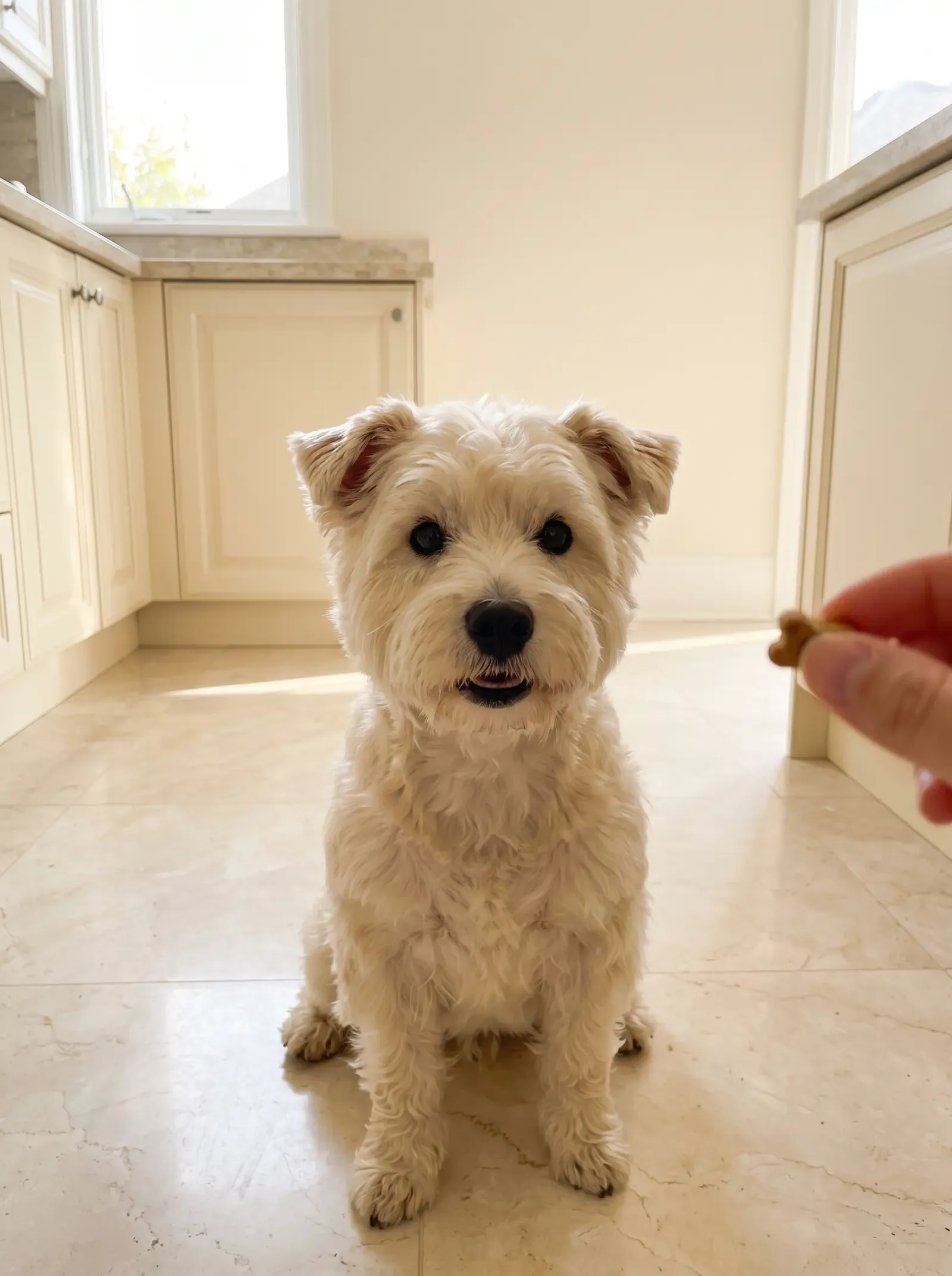 Westiepoo, a cream adult sitting neatly on a marble kitchen floor, waiting for a treat