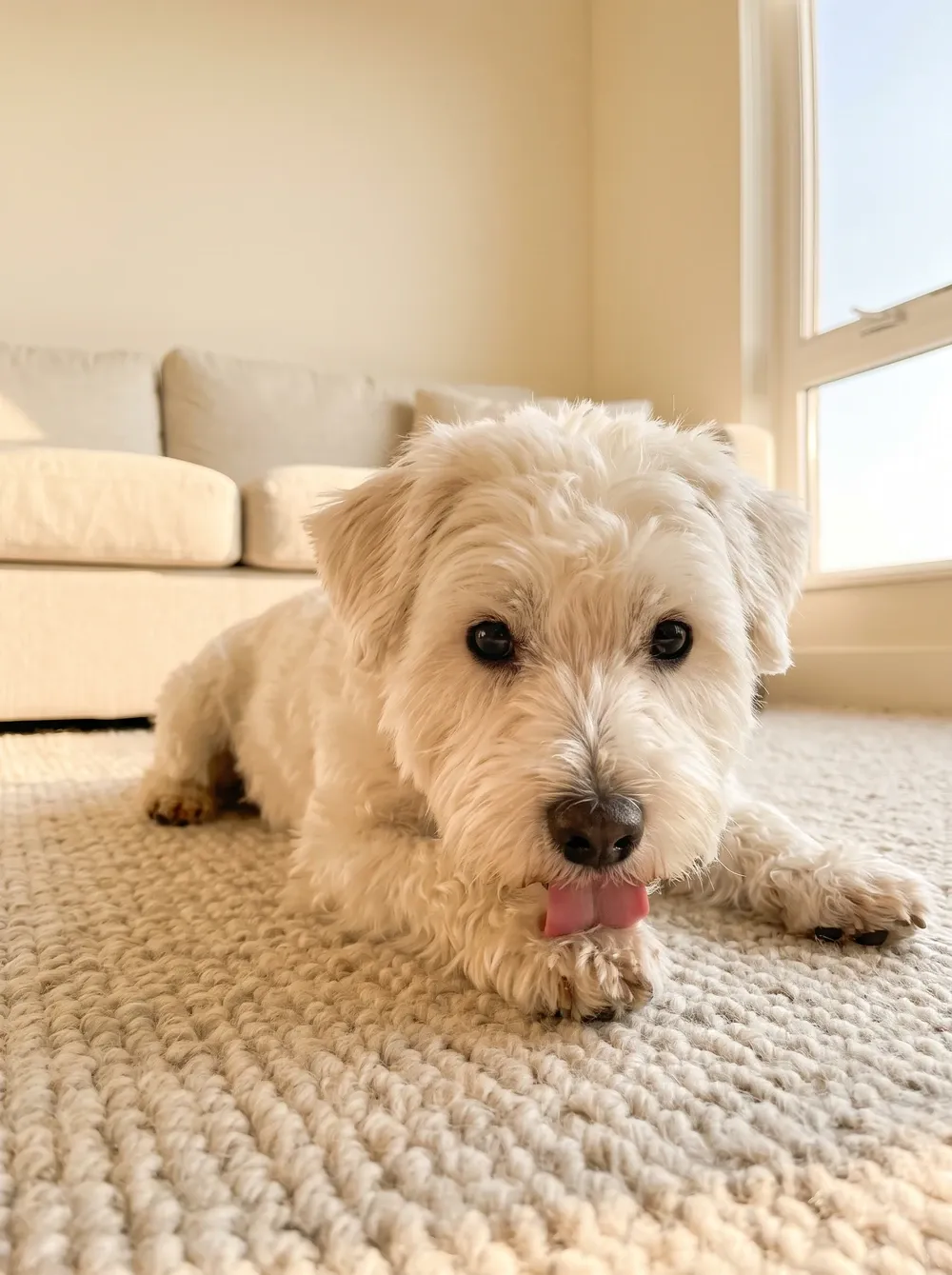 Westiepoo, a cream adult lying on an oatmeal rug, licking a front paw