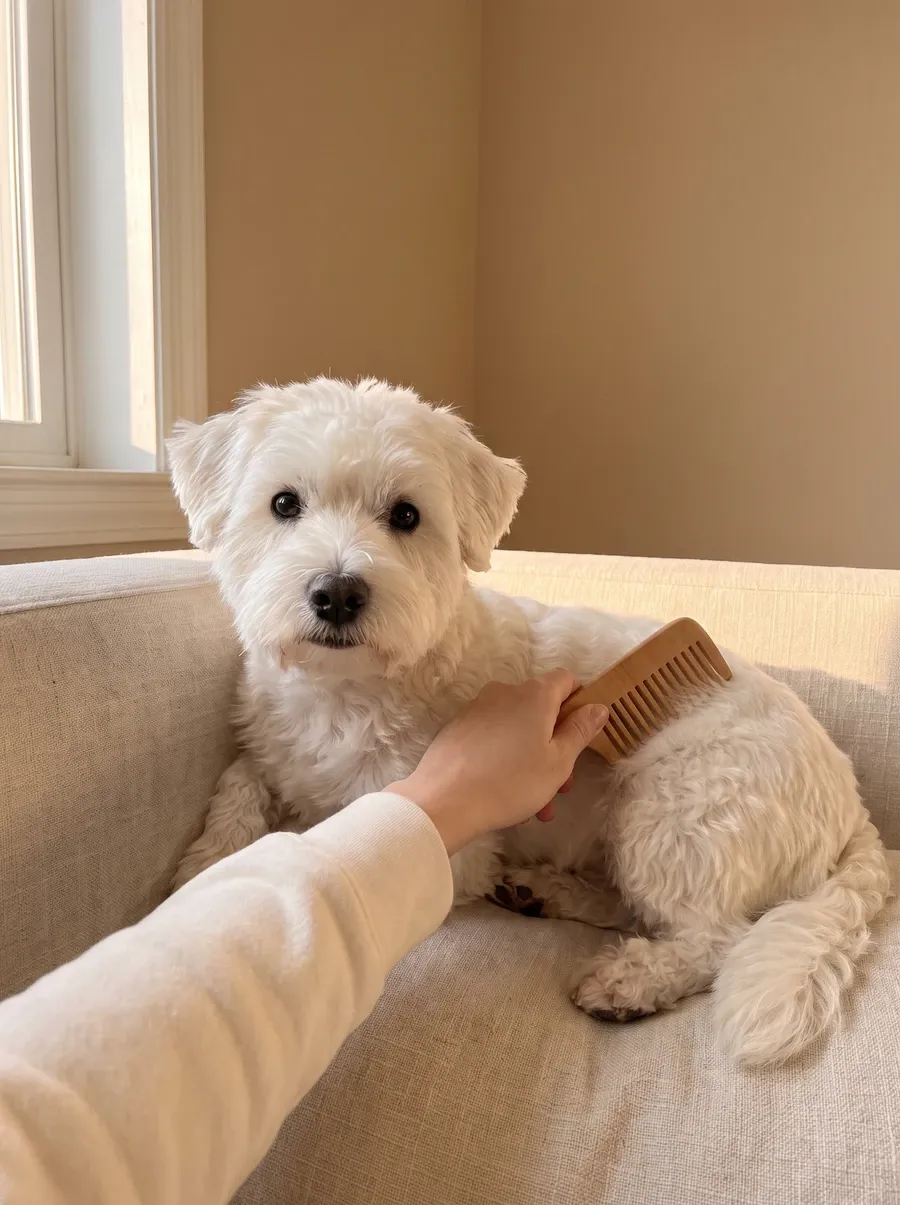Westiepoo, a white adult lying on a linen sofa while a pet parent combs their coat