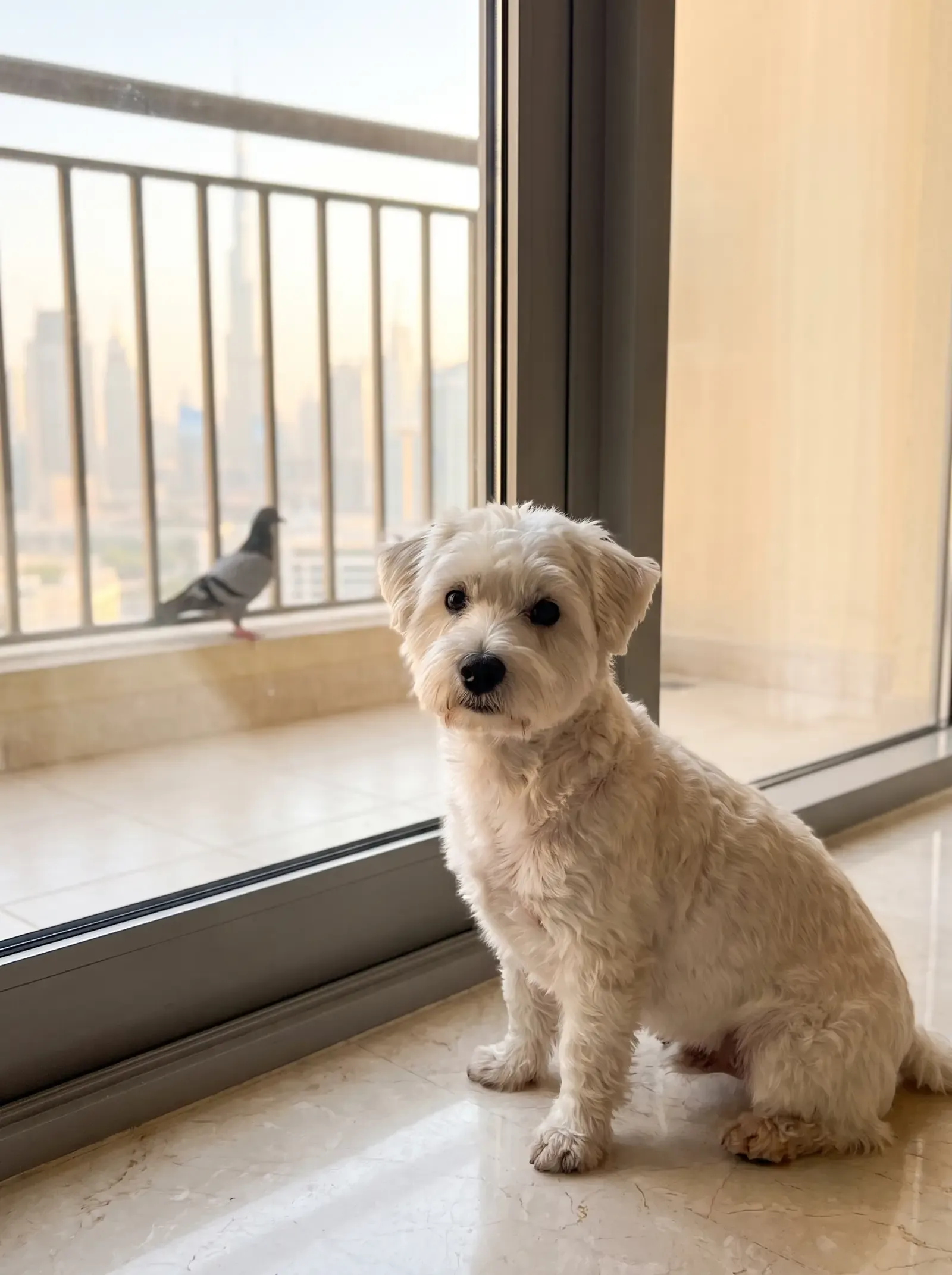 Westiepoo in Dubai, a cream adult by a balcony door, a pigeon on the railing and the skyline behind