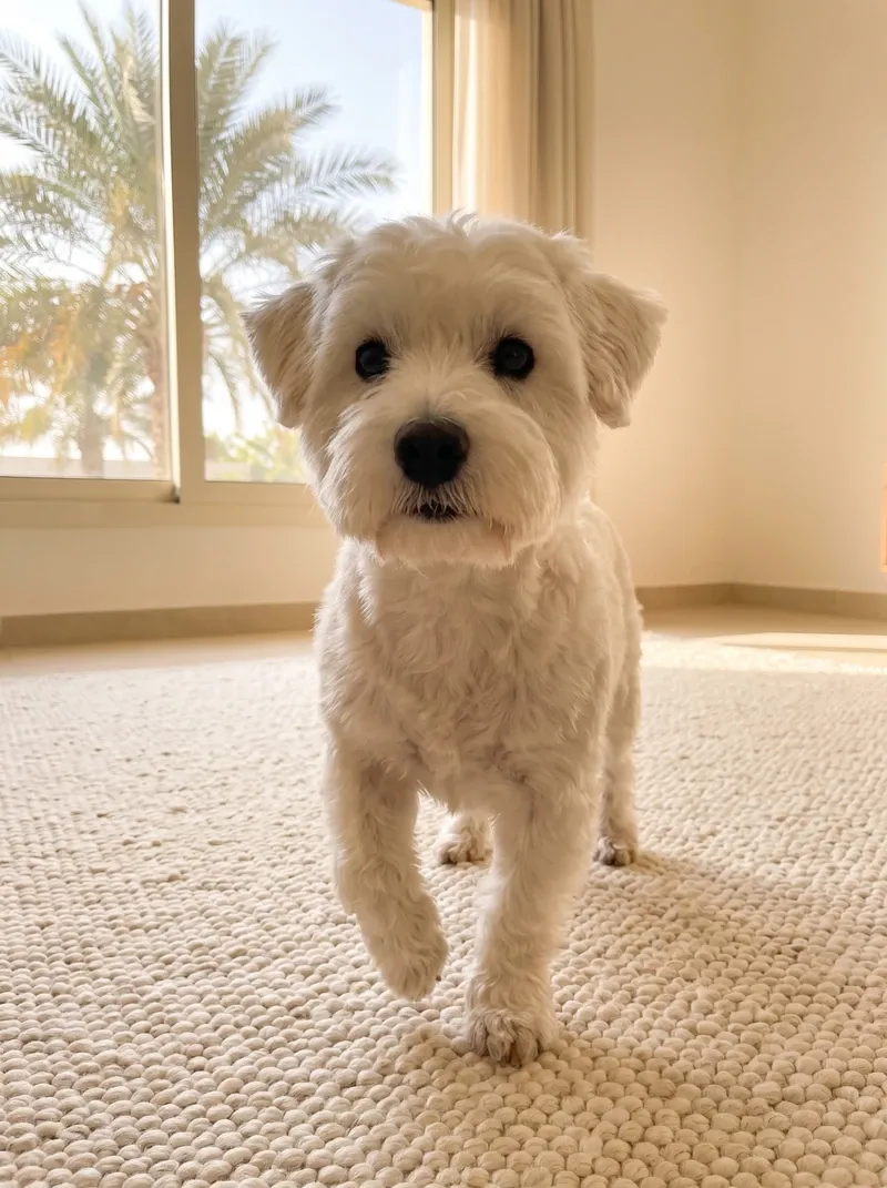 Westiepoo in Dubai, a white adult walking across a cream rug, date palms through the window