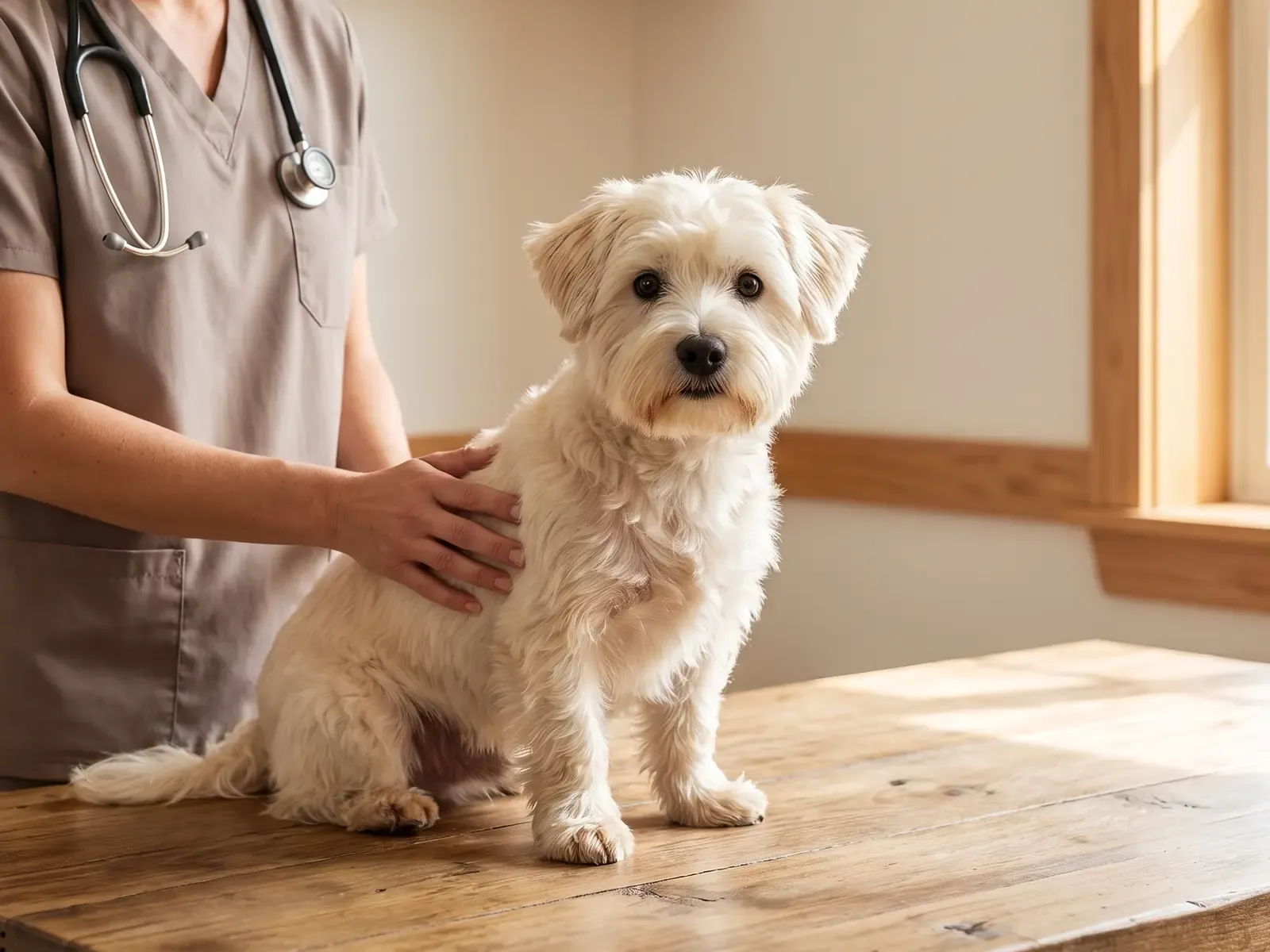 Westiepoo, a vet in taupe scrubs with a hand on a calm cream adult sitting on a timber table