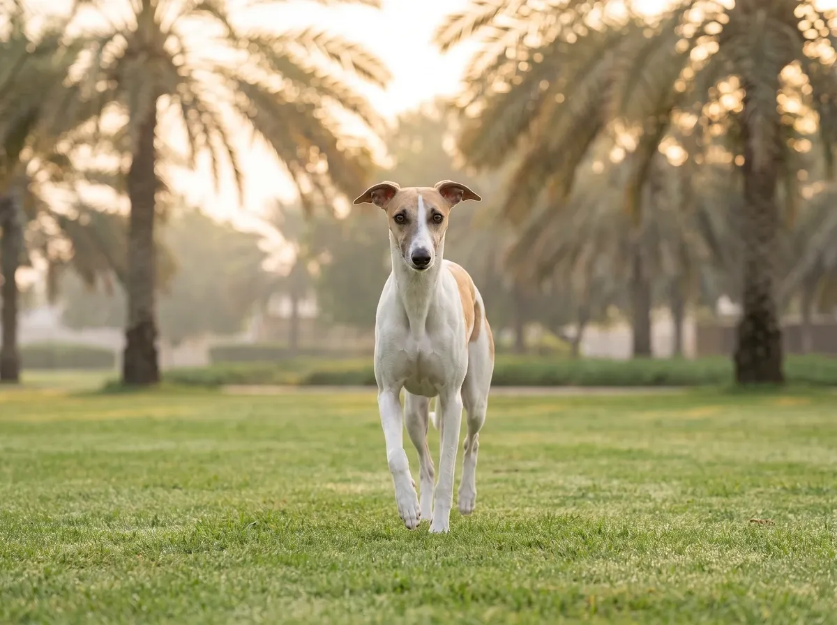 Whippet in Dubai, a white and fawn adult trotting across a park lawn lined with date palms at dawn