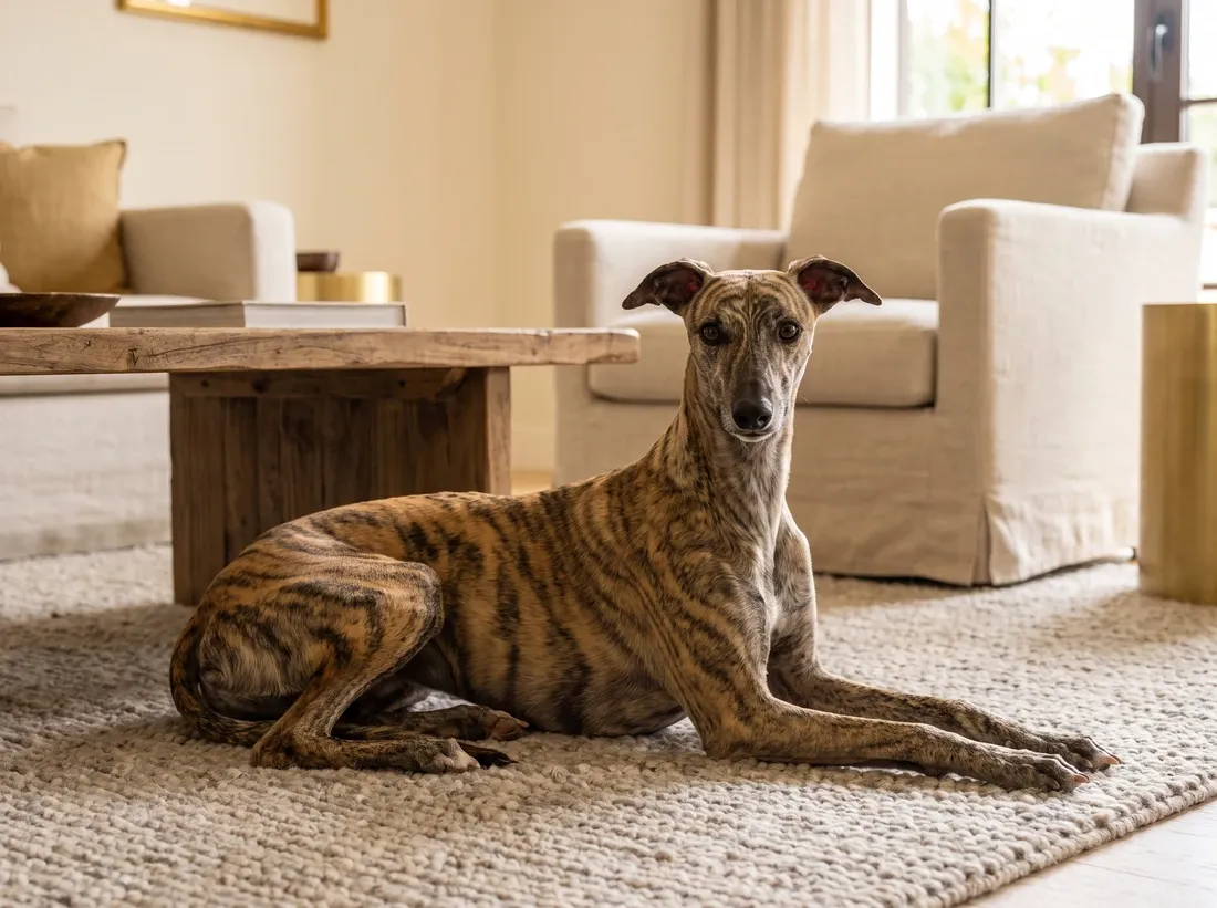 Whippet, a brindle adult lying on a wool rug in a cool sitting room, a timber table behind