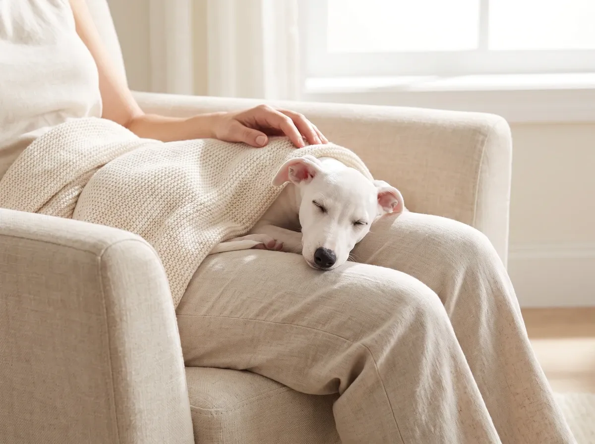 Whippet, a white puppy asleep under a cream blanket in a pet parent's lap in a linen armchair