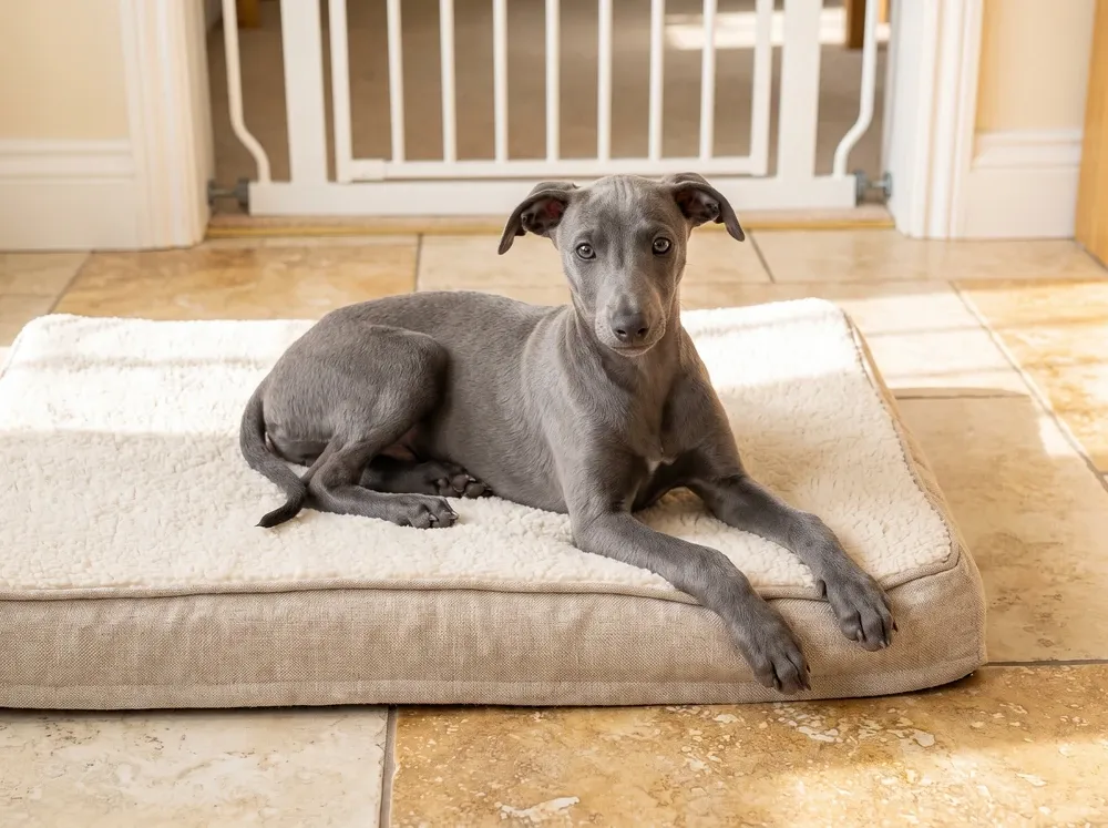 Whippet, a blue puppy lying on a fleece bed on cool tiles, a white pet gate in the doorway behind