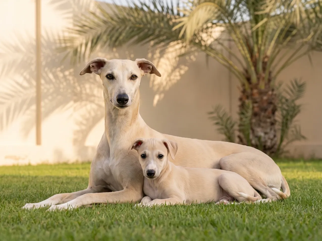 Whippet in Dubai, a cream mother and puppy lying together on a villa lawn, a date palm behind