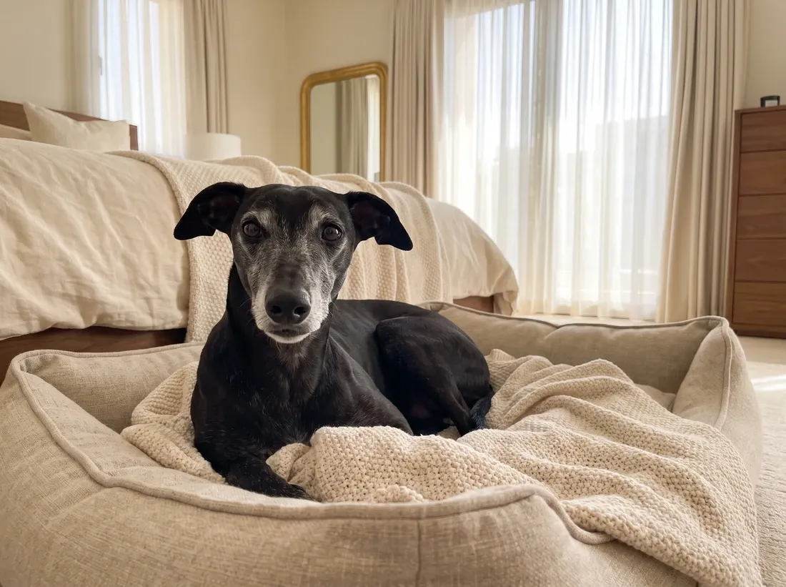Whippet, an older black dog with a greying muzzle resting on a padded bed under a cream blanket
